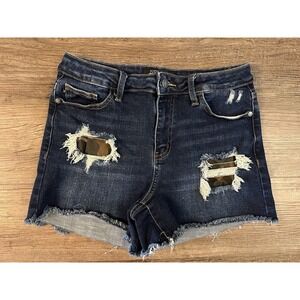 Judy Blue Womens M Camo Patch Dark Wash High Waist Distressed Denim Shorts H11